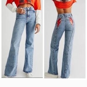 We The Free Light Blue Thunderbird Flare Jeans Free People Lightning Bolt Red 29